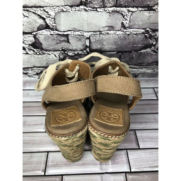 Tory Burch Taupe Canvas Textile Green Tan Espadrilles Wedge Women Sz 10M US/41EU - Picture 9 of 15